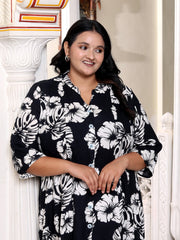 Plus Size Black Cotton Blend Floral Print A-line Gown-400041