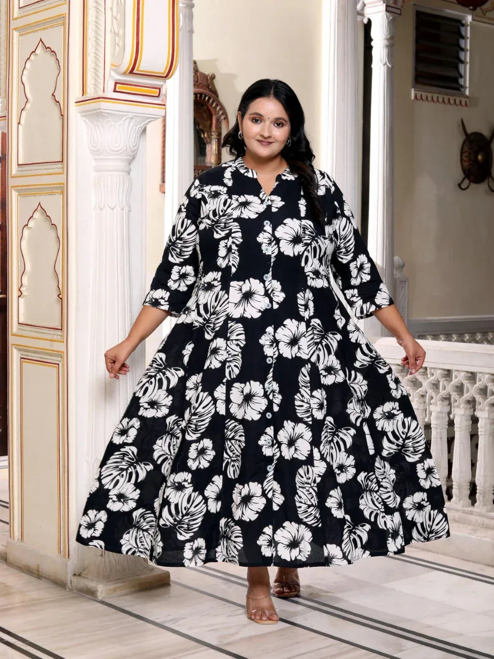Plus Size Cotton Blend Dresses Plus Size Black Cotton Blend Floral Print  Gown