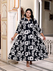 Plus Size Black Cotton Blend Floral Print A-line Gown-400041