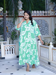Plus Size Blue Cotton Blend Floral Print A-line Gown-400042
