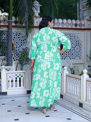 Plus Size Blue Cotton Blend Floral Print A-line Gown-400042