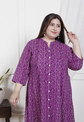 Plus Size Purple Cotton Blend  Bandhani  Print Aline Kurta-400048