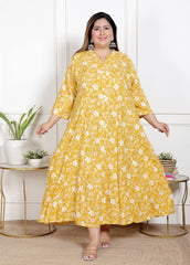 Plus Size Yellow Floral Print Flared Long Gown-400066