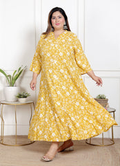 Plus Size Yellow Floral Print Flared Long Gown-400066