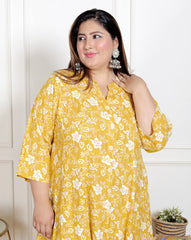 Plus Size Yellow Floral Print Flared Long Gown-400066