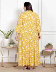 Plus Size Yellow Floral Print Flared Long Gown-400066