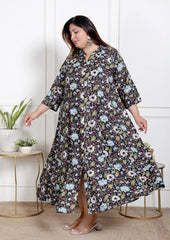 Plus Size Black Floral Print Flared Long Kurta-400068