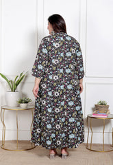 Plus Size Black Floral Print Flared Long Kurta-400068