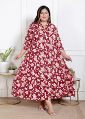 Plus Size Red Floral Print Flared Long Kurta-400069