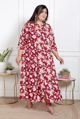 Plus Size Red Floral Print Flared Long Kurta-400069