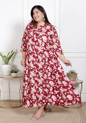 Plus Size Red Floral Print Flared Long Kurta-400069