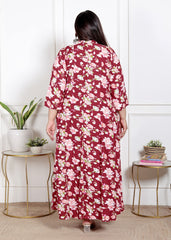 Plus Size Red Floral Print Flared Long Kurta-400069