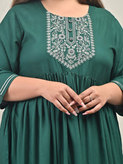 Plus Size Green Cotton Blend Embroidered Anarkali-591
