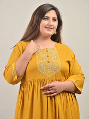 Plus Size Yellow Cotton Blend Embroidered Anarkali-591