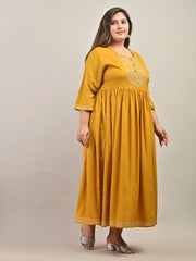 Plus Size Yellow Cotton Blend Embroidered Anarkali-591