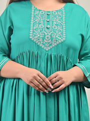 Plus Size Turquoise Cotton Blend Embroidered Anarkali -591