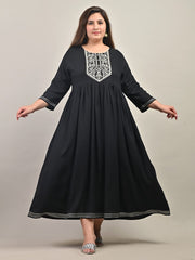 Plus Size Black Cotton Blend Embroidered Anarkali-591