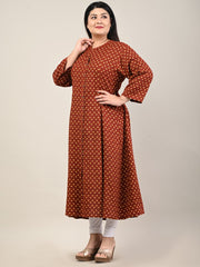 Plus Size Maroon Cotton Blend Printed A-Line Long Kurta-600