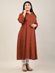 Plus Size Maroon Cotton Blend Printed A-Line Long Kurta-600