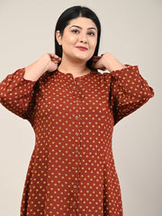 Plus Size Maroon Cotton Blend Printed A-Line Long Kurta-600