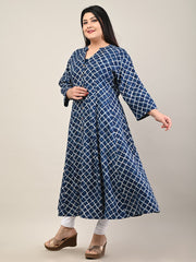 Plus Size Blue Cotton Blend Printed A Line Kurta-602