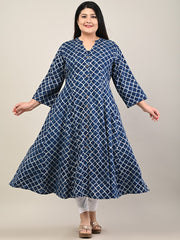 Plus Size Blue Cotton Blend Printed A Line Kurta-602
