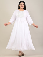 Plus Size White Cotton Blend Embroidered Flared Long Kurta-609