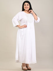 Plus Size White Cotton Blend Embroidered Flared Long Kurta-609