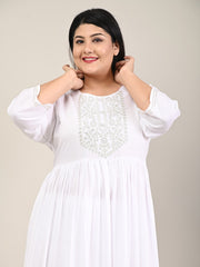 Plus Size White Cotton Blend Embroidered Flared Long Kurta-609