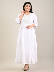 Plus Size White Cotton Blend Embroidered Flared Long Kurta-609