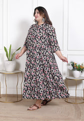 Plus Size Black Floral Print Flared Long Kurta-640