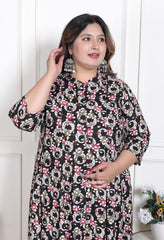 Plus Size Black Floral Print Flared Long Kurta-640