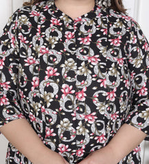 Plus Size Black Floral Print Flared Long Kurta-640