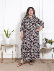 Plus Size Black Floral Print Flared Long Kurta-640