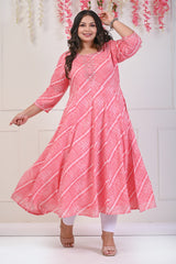 Plus Size Peach Leheriya Print Flared Long Kurta-685
