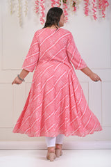 Plus Size Peach Leheriya Print Flared Long Kurta-685