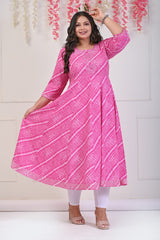 Plus Size Pink Leheriya Print Flared Long Kurta-686