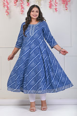 Plus Size Navy Blue Leheriya Print Flared Long Kurta-689