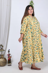 Plus Size Yellow Floral Print Flared Long Kurta-713
