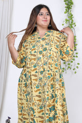 Plus Size Yellow Floral Print Flared Long Kurta-713