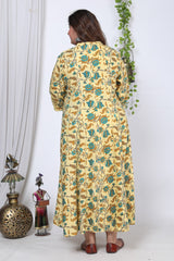 Plus Size Yellow Floral Print Flared Long Kurta-713