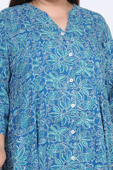Plus Size Blue Floral Print Flared Long Kurta-714