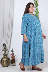 Plus Size Blue Floral Print Flared Long Kurta-714