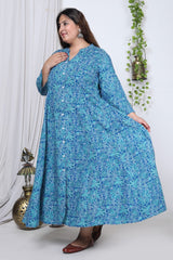 Plus Size Blue Floral Print Flared Long Kurta-714