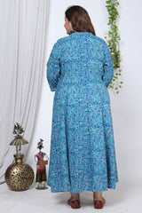 Plus Size Blue Floral Print Flared Long Kurta-714