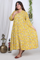 Plus Size Yellow Floral Print Flared Long Kurta-717