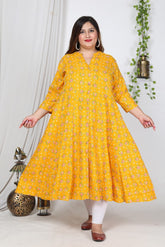 Plus Size Yellow Cotton Blend Floral Print Gown-400727