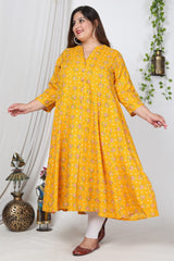 Plus Size Yellow Cotton Blend Floral Print Gown-400727