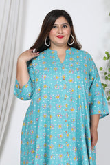 Plus Size Blue Cotton Blend Floral Print Gown-400728