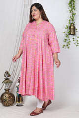 Plus Size Pink Cotton Blend Floral Print Gown-400729